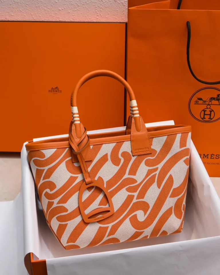 Steeple-Inspired Orange Patterned Canvas Tote, front with pendant view