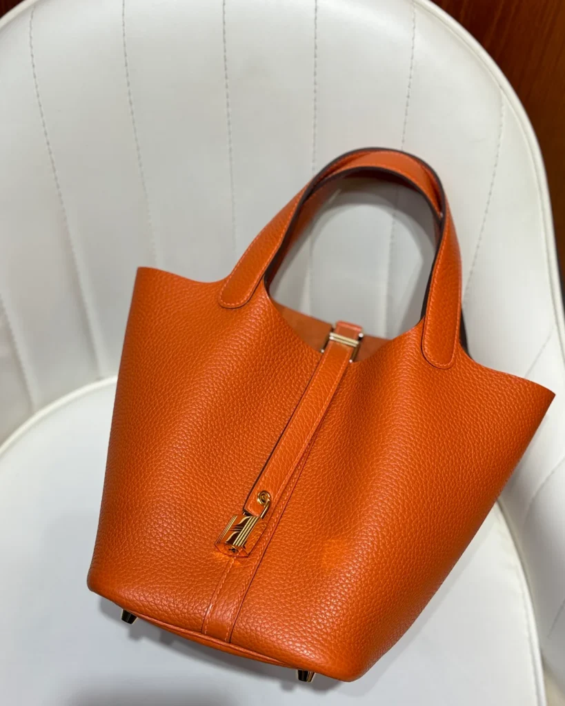 Picotin-Inspired 18 Orange Bucket Bag, tilted front view