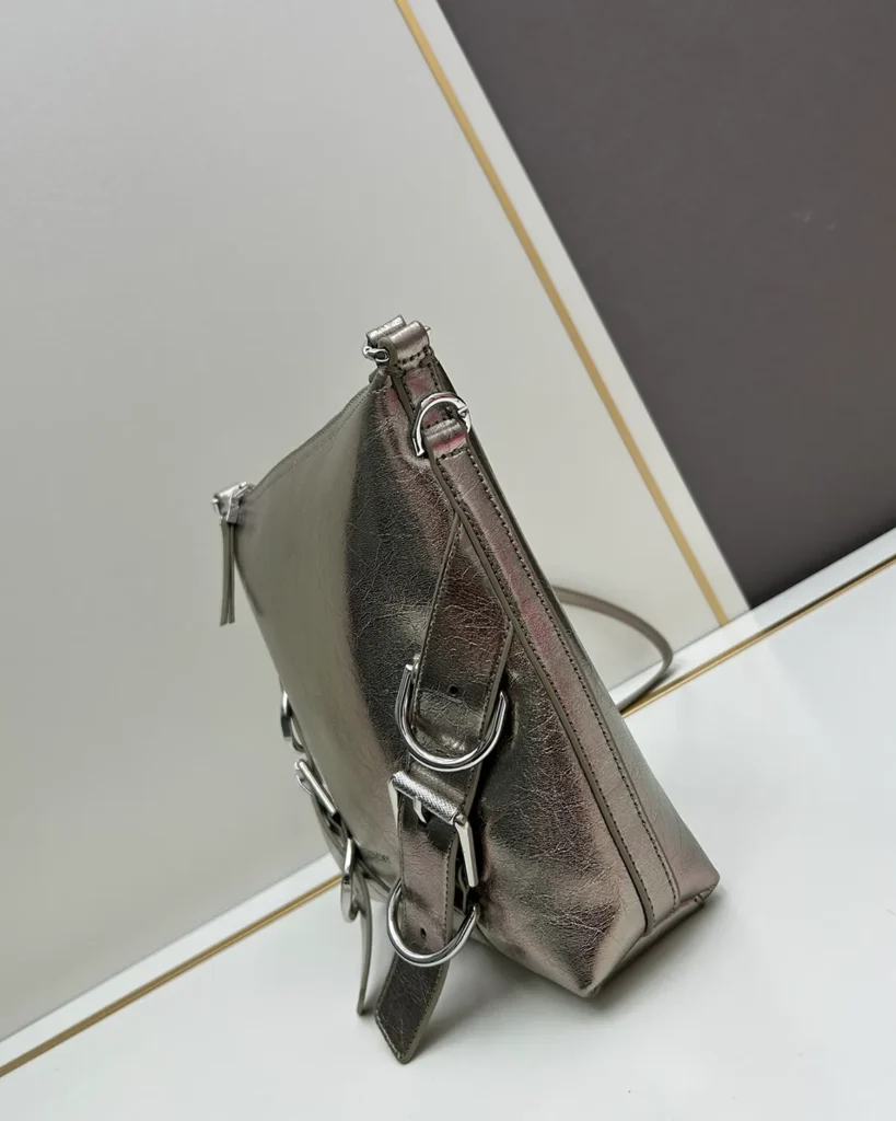 Metallic Silver Buckle Shoulder Bag — side view