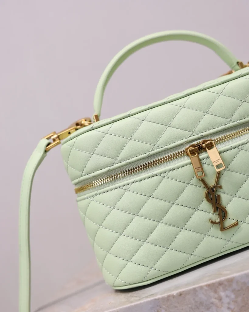 Pale Green Quilted Vanity Bag — zip detail view