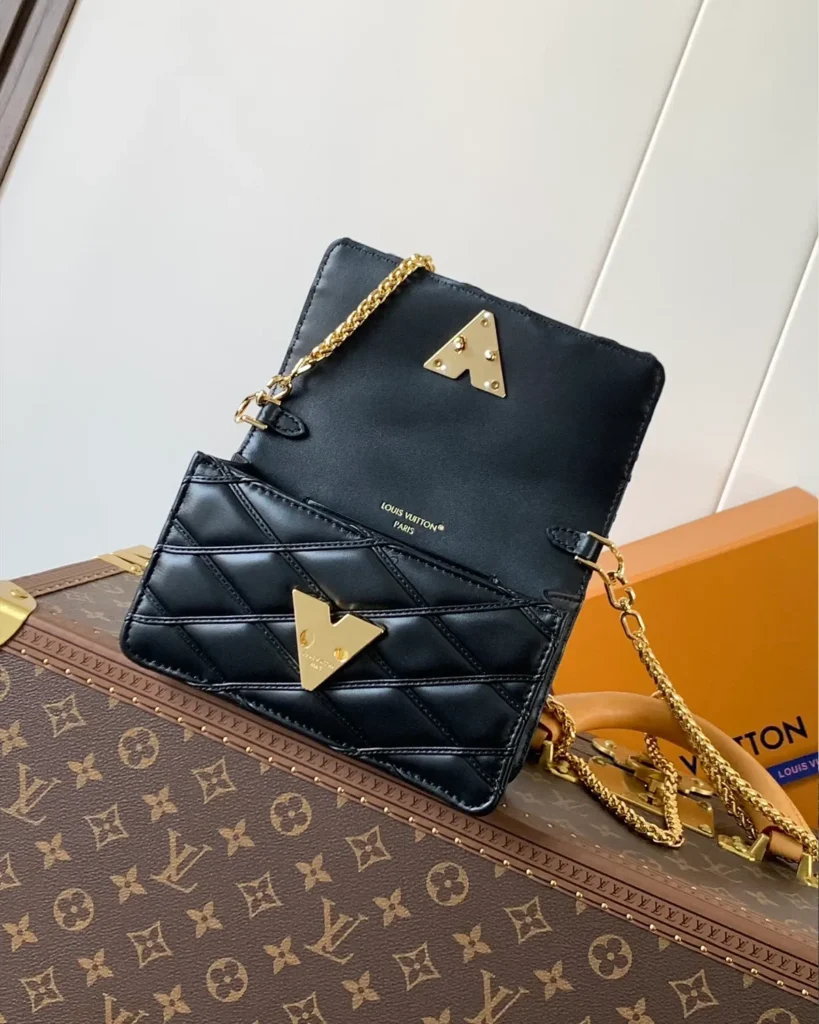 Black Quilted Chain Flap Bag — open flap view
