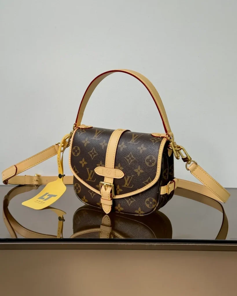 Brown Monogram Tan-Trim Saddle Bag — opposite angle view