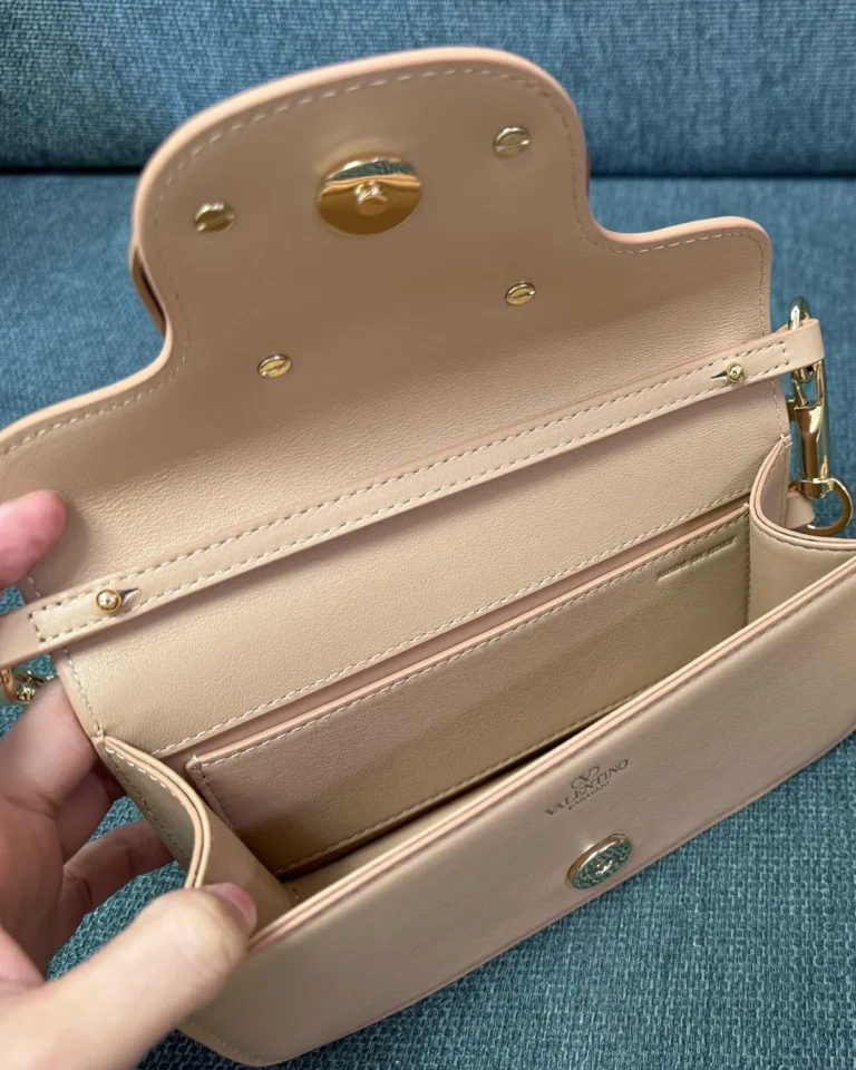 Beige Tonal-Ornament Flap Shoulder Bag — interior view