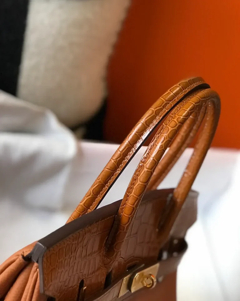 Birkin-Inspired 25 Gold Tan Mixed-Texture Tote, rounded handle close-up