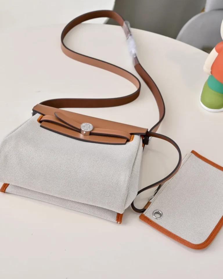 Cream Canvas-Texture Tan Flap Bag — strap view