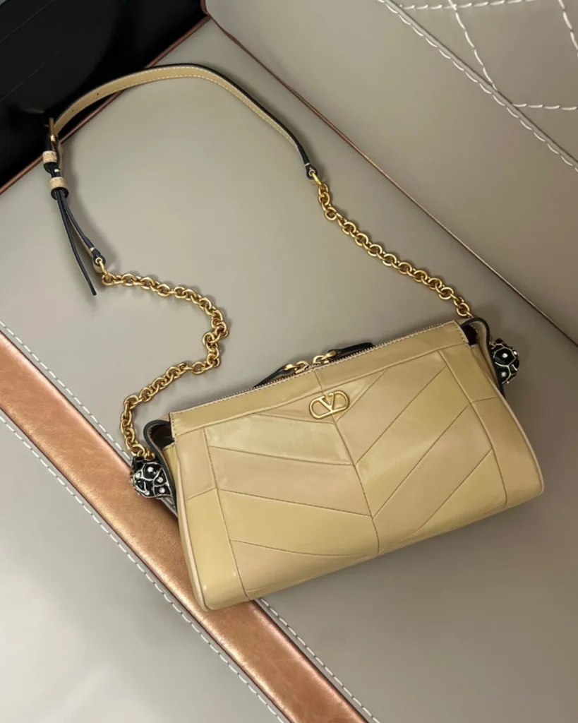 Beige Chevron Zip-Top Chain Bag — overhead view