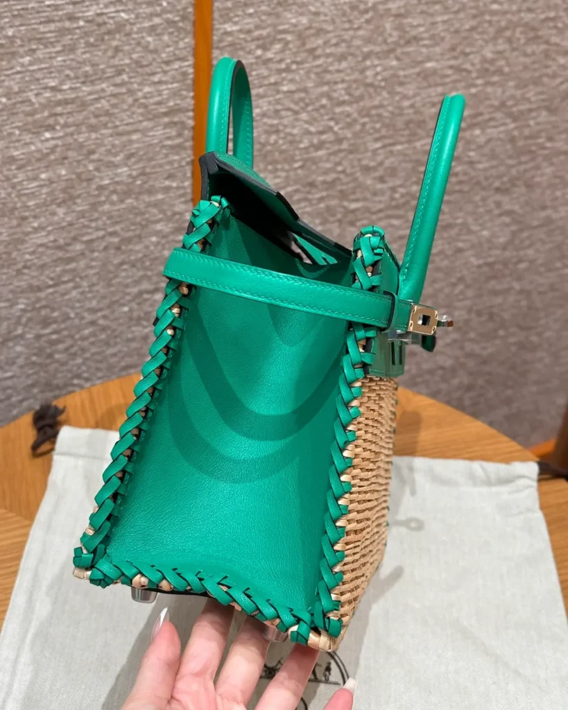 Birkin-Inspired 25 Green Woven Picnic Tote, side panel and handle