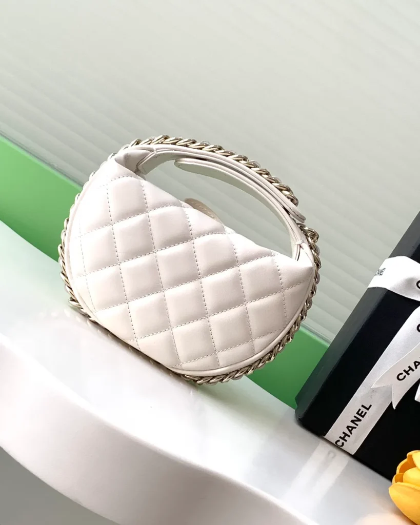 Ivory Quilted Round Chain-Edge Bag — rear view