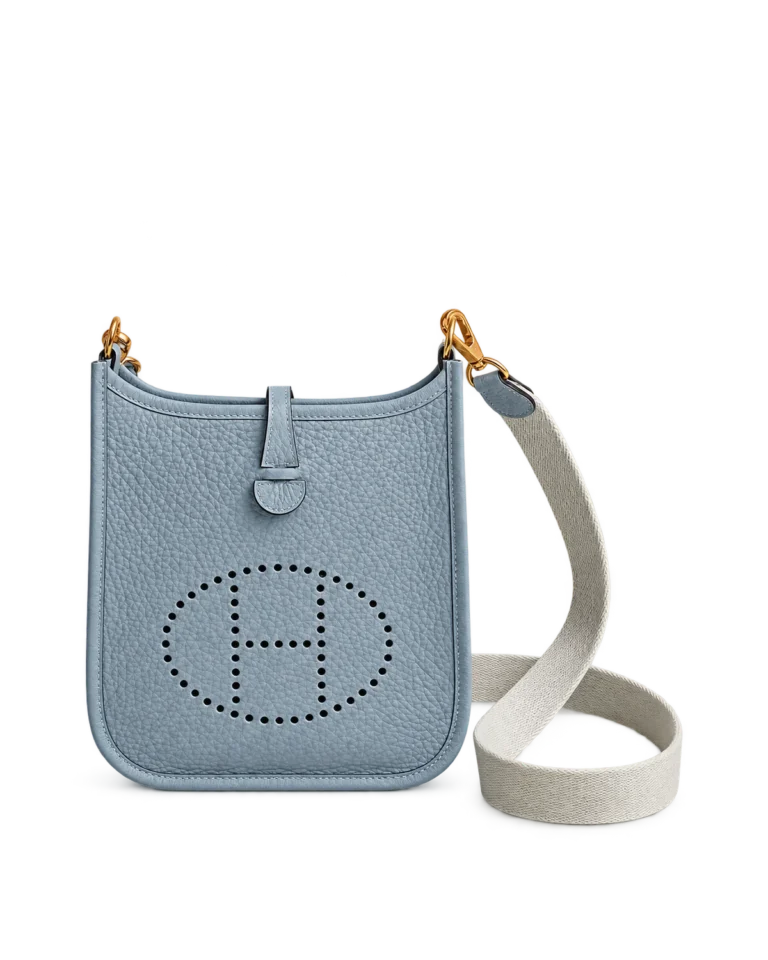 Evelyne-Inspired Mini Flax Blue Crossbody Bag, front with extended woven strap