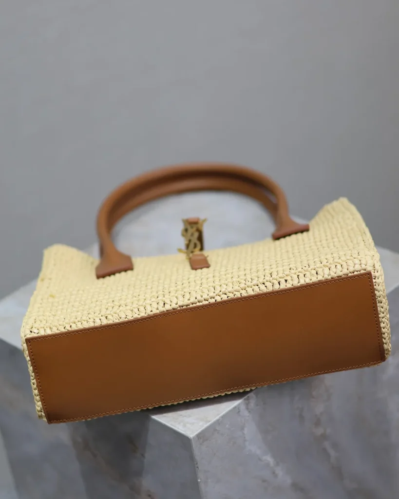 Natural-Tone Woven Tote with Brown Handles — base view