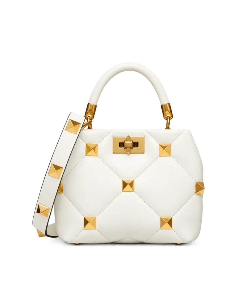 Ivory Diamond-Quilted Studded Top-Handle Bag — main view