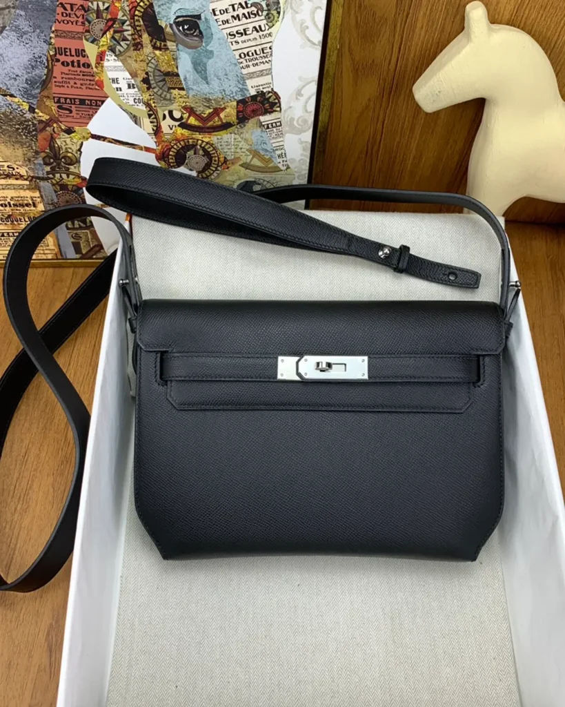 Kelly-Depeches-Inspired 25 Black Wristlet Pouch, front displayed with long strap