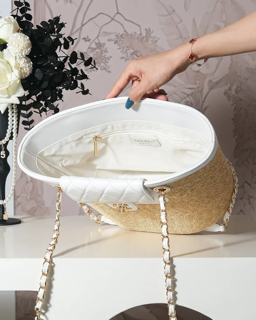 Natural-Tone Woven-Look White-Trim Tote — open top view