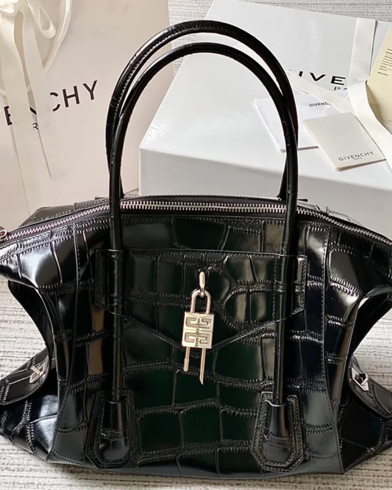 Black Scale-Pattern Padlock Handbag — front styled