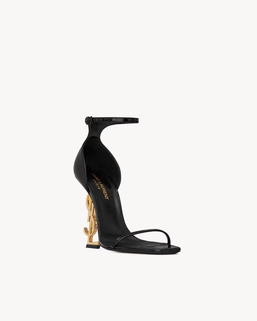 Black Patent-Style Sandals with Gold-Tone Cassandre-Style Heel — 2