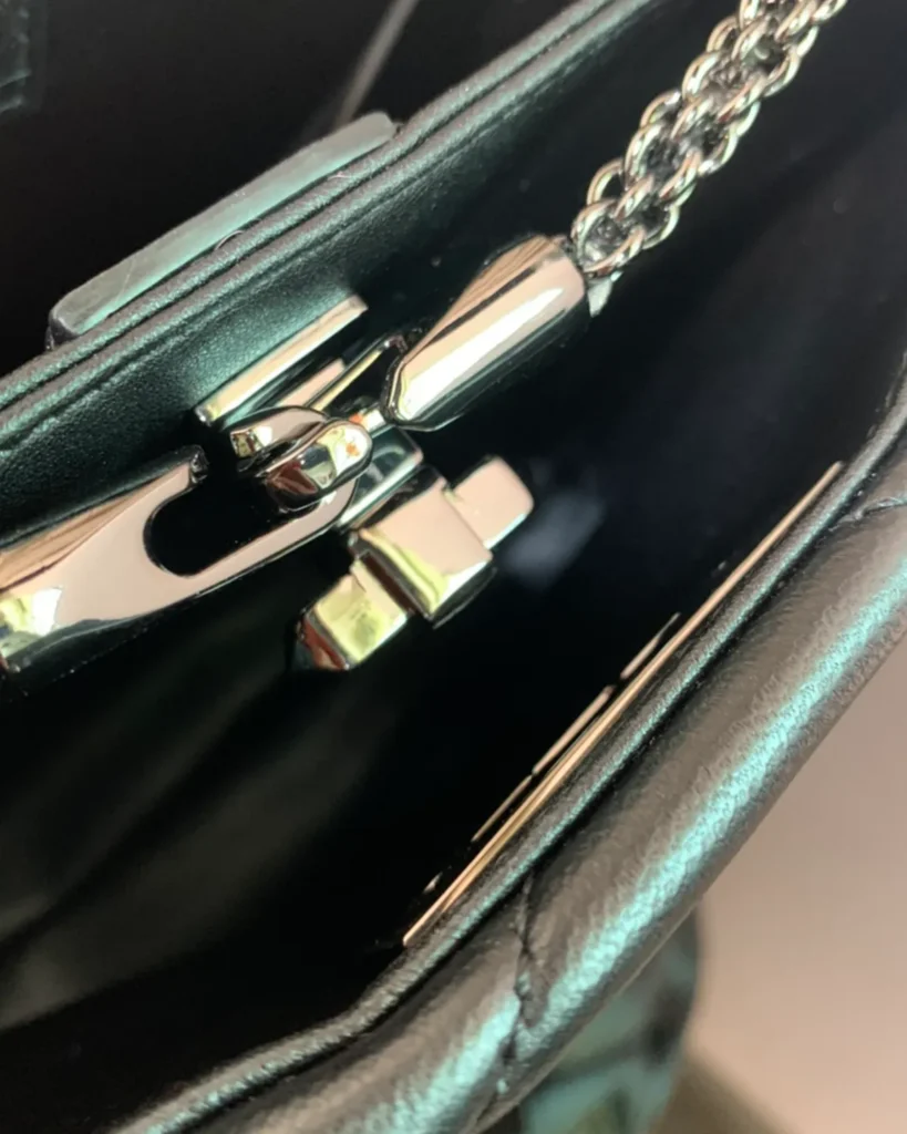 Black Diamond-Quilted Studded Top-Handle Bag — interior closure view