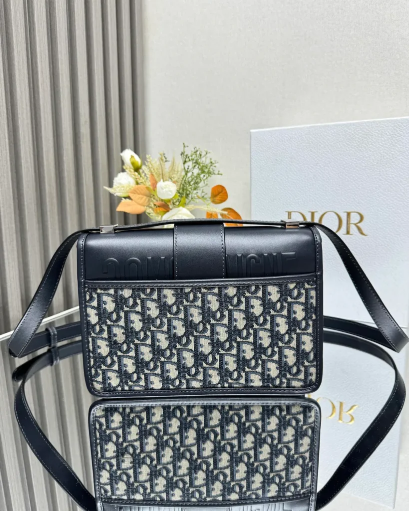 Navy Monogram Box Flap Bag — rear view