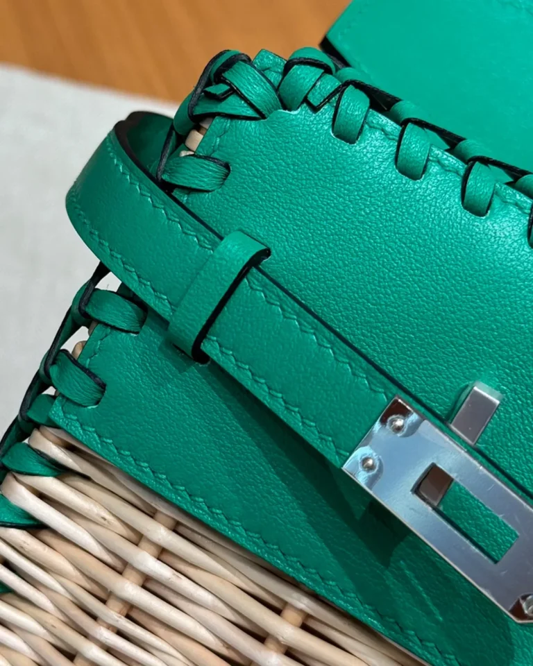 Birkin-Inspired 25 Green Woven Picnic Tote, braided upper trim close-up