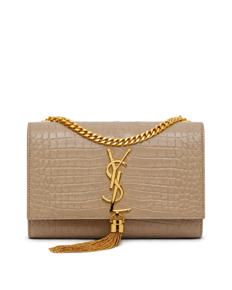 Taupe Embossed Tassel Chain Bag — front view
