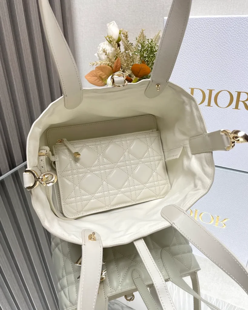 Ivory Soft Quilted Tote — interior pouch view