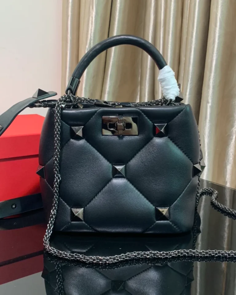 Black Diamond-Quilted Studded Top-Handle Bag — front view