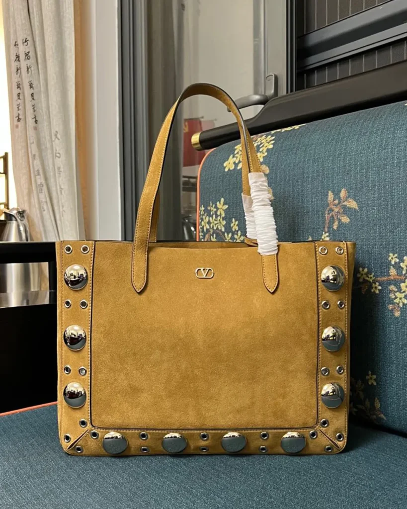 Brown Studded Long-Handle Tote — front view