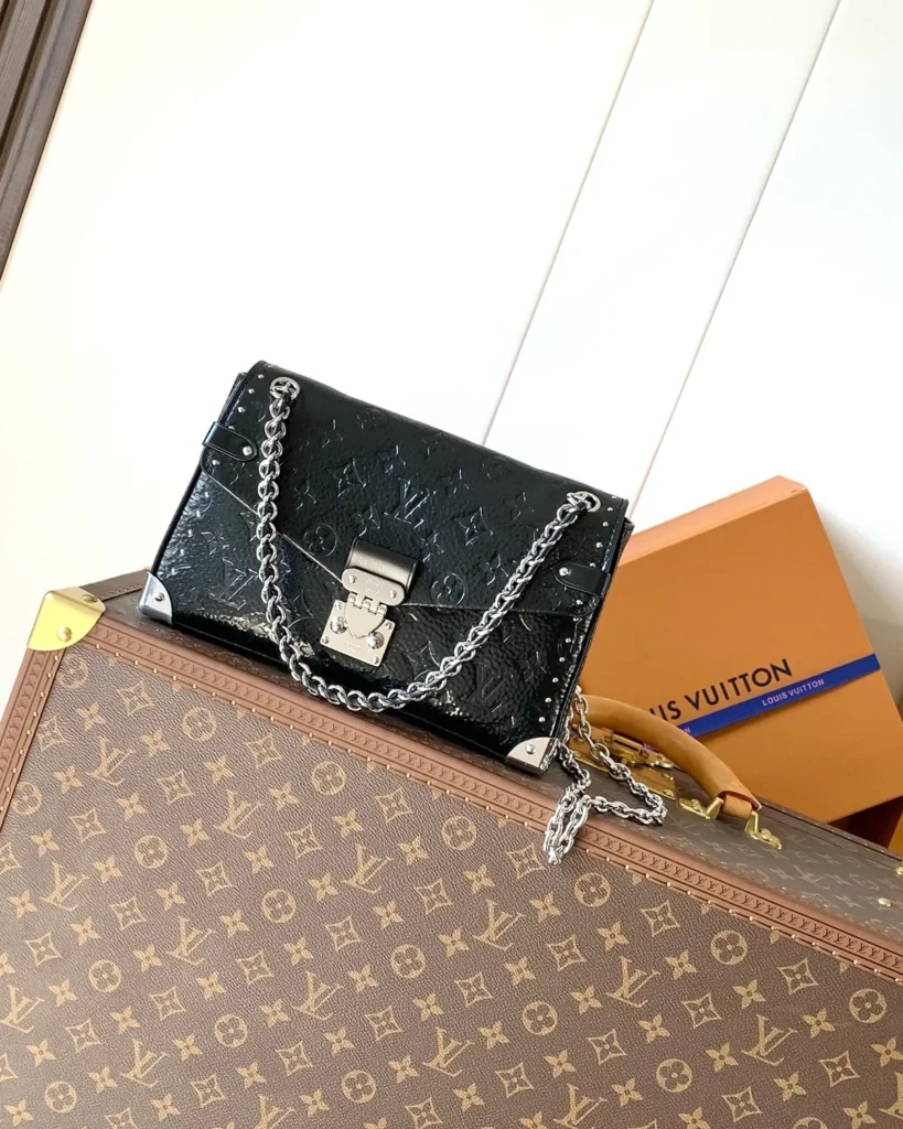 Black Embossed Chain Flap Bag — front view