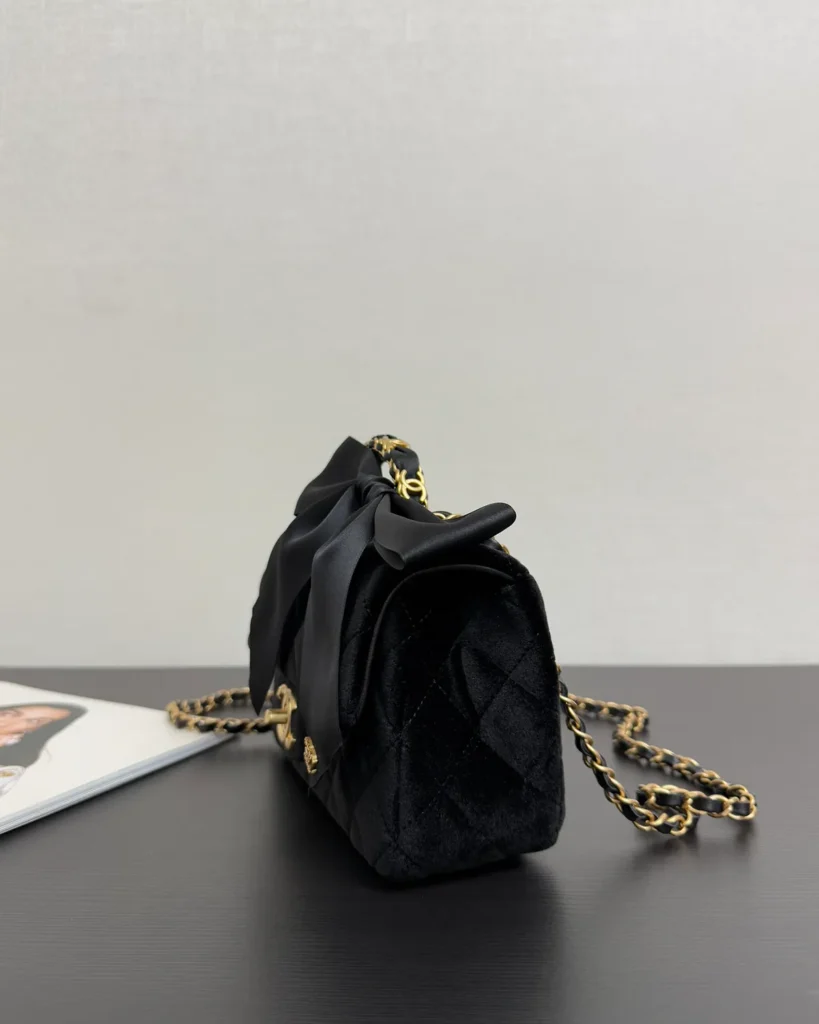 Black Bow-Detail Quilted Top-Handle Bag — side view