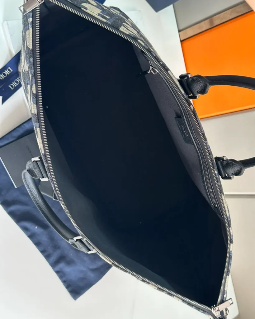 Beige Navy Monogram Zip Travel Tote — interior view