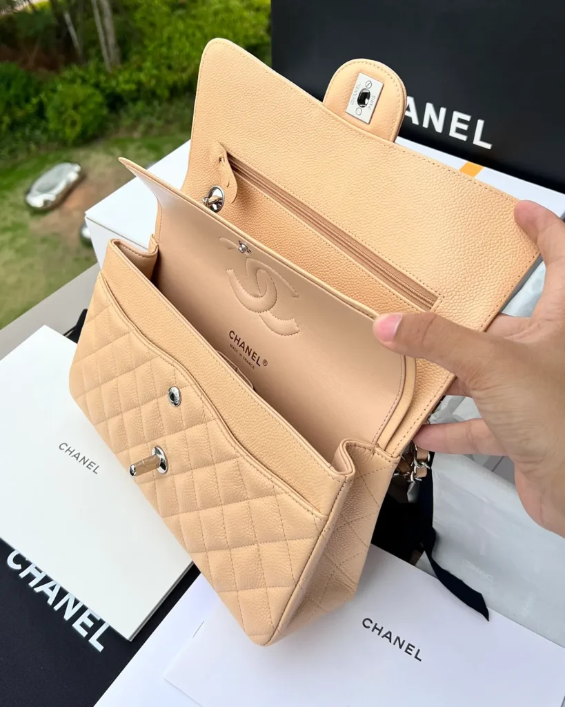 Beige Quilted Chain Flap Bag — interior view
