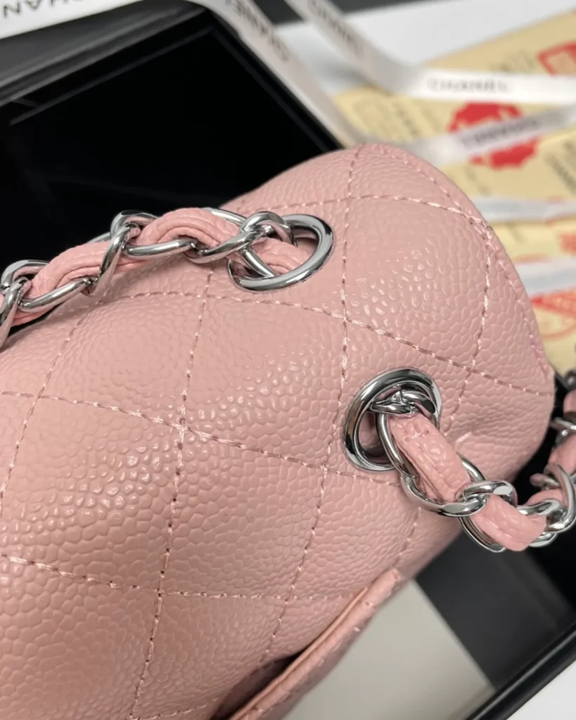 Pink Quilted Silver-Tone Chain Flap Bag — strap detail view