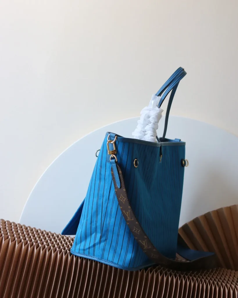Blue Striped Reversible Monogram Tote — side view
