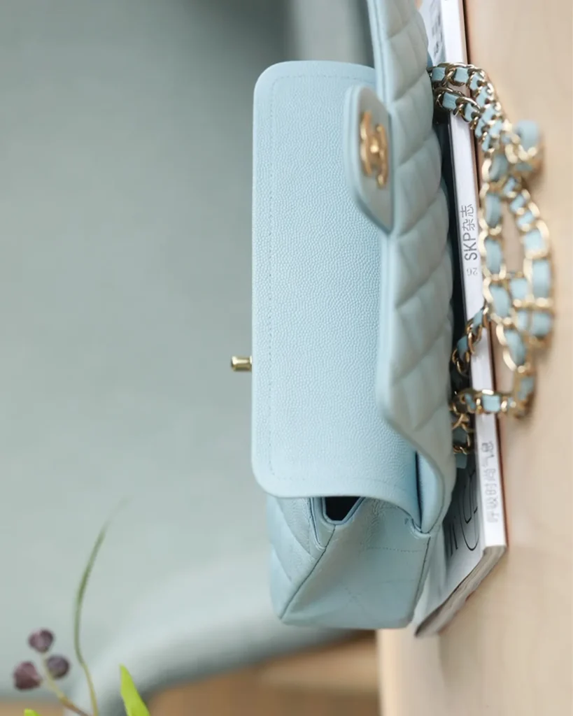 Pale Blue Quilted Gold-Tone Chain Flap Bag — top view