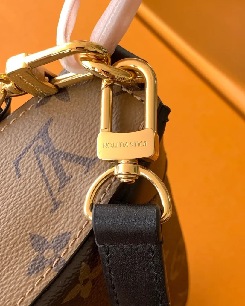Brown Monogram Curved Shoulder Bag with Chain — strap clip view