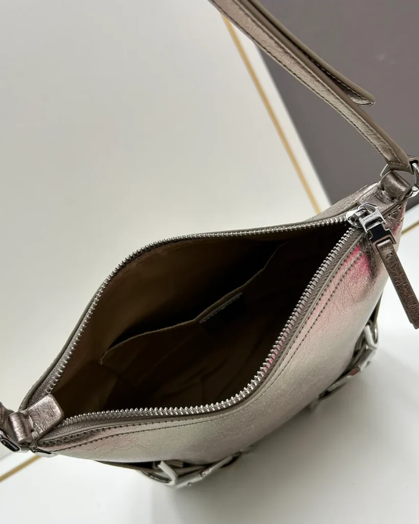 Metallic Silver Buckle Shoulder Bag — interior view