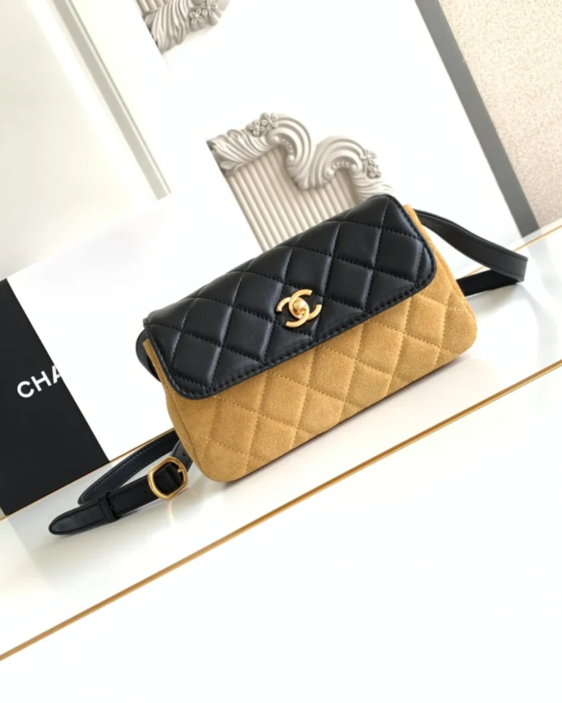 Tan and Black Quilted Flap Shoulder Bag — front view