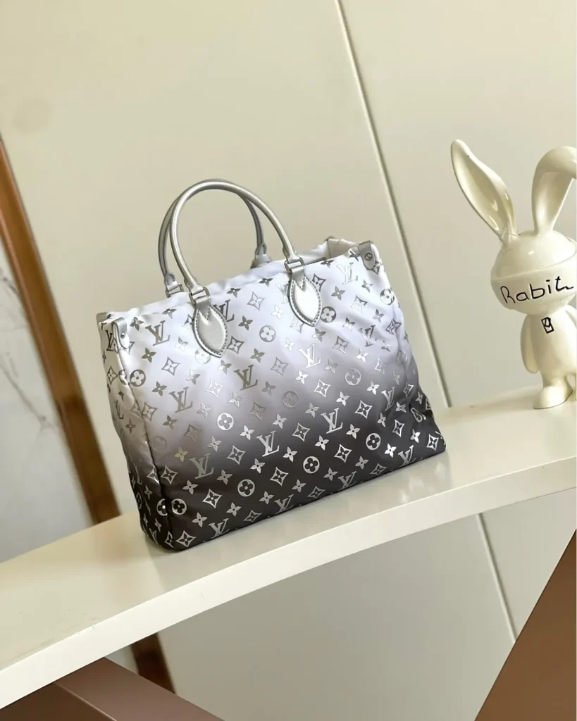 Silver-to-Black Monogram Flower-Charm Tote — three quarter view