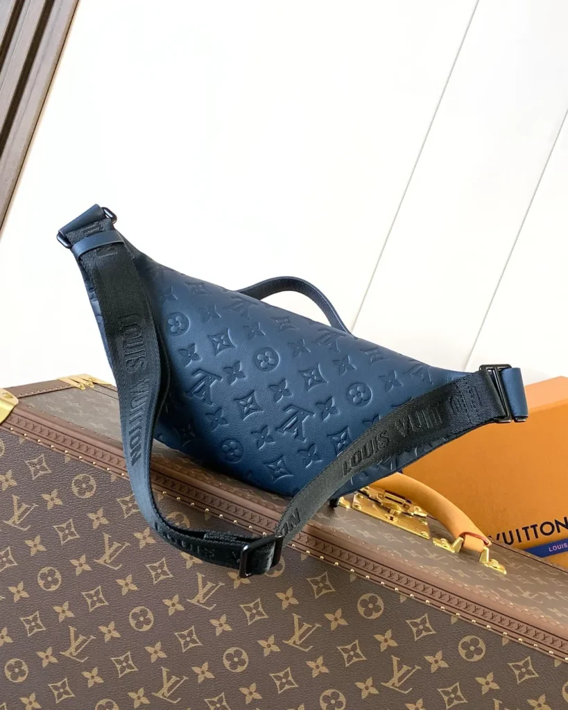 Dark Blue Embossed Monogram Waist Bag — rear view