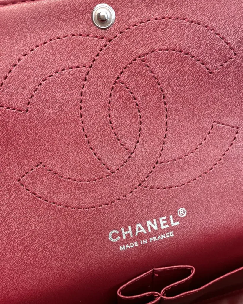 Rust Red Quilted Chain Flap Bag — interior label view
