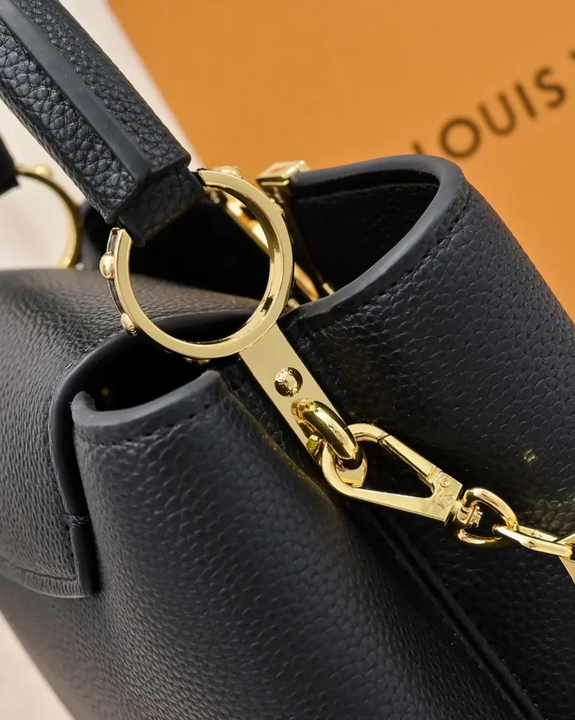 Black Floral-Chain Top-Handle Bag — strap clip view