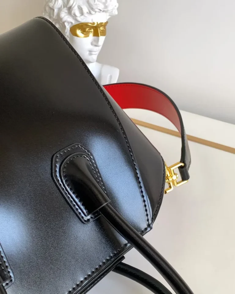 Black Red-Lined Twin-Handle Satchel — handle detail