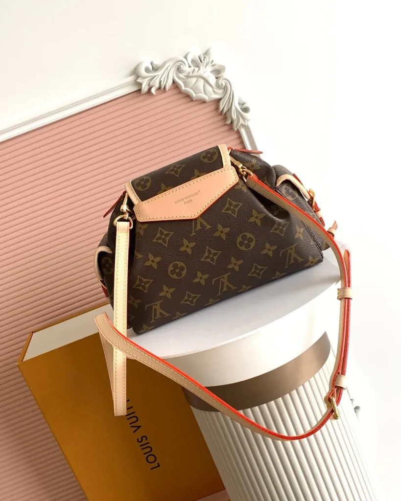 Brown Monogram Buckled Flap Satchel — rear view