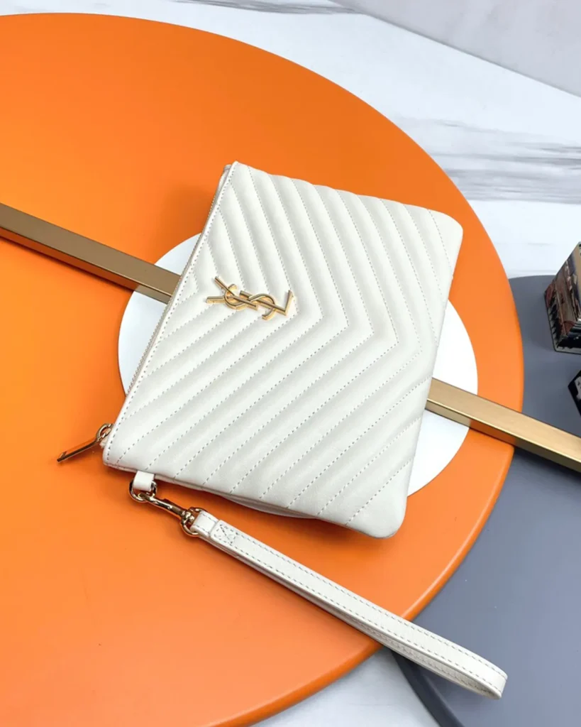 Ivory Chevron Zip Wristlet Pouch — angled front view