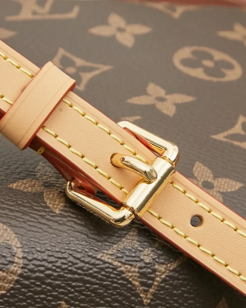 Brown Monogram Tan-Trim Shoulder Bag — strap buckle view