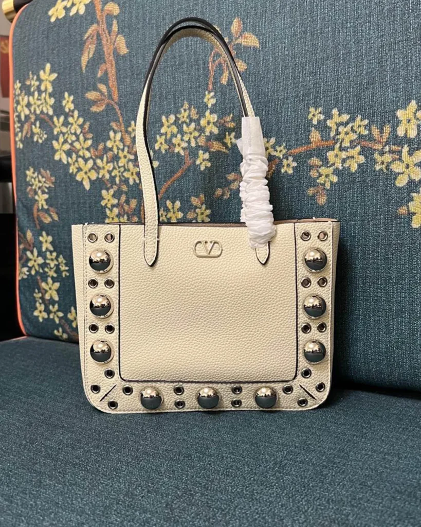 Cream Studded Long-Handle Tote — front view