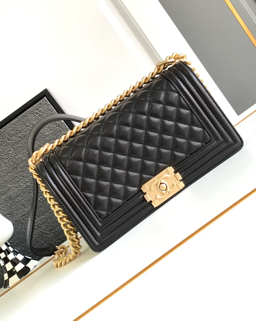 Black Quilted Frame Flap Chain Bag — front view