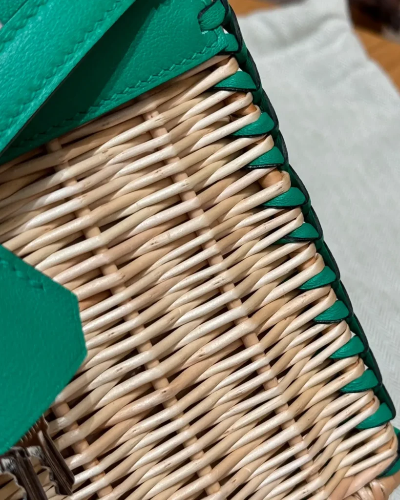 Birkin-Inspired 25 Green Woven Picnic Tote, woven body close-up