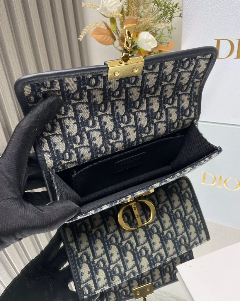 Navy Monogram Gold-Tone Chain Bag — open flap view