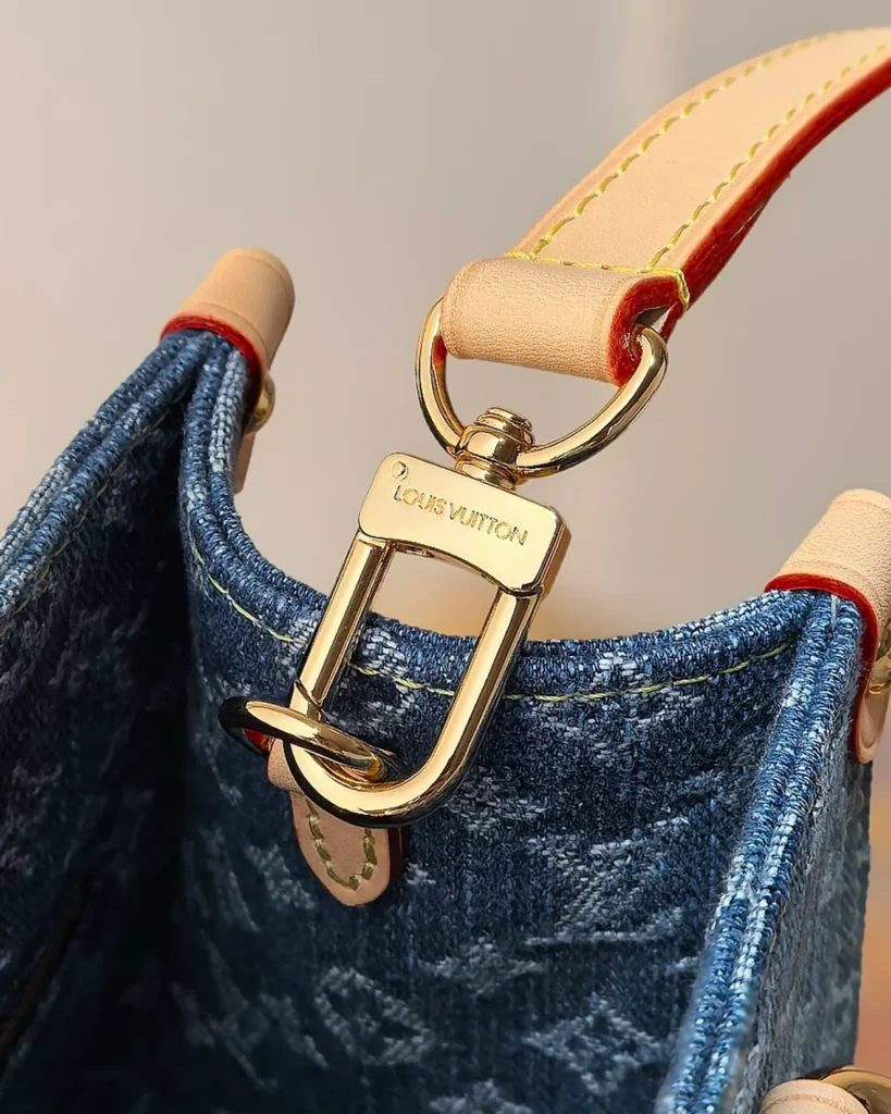 Blue Denim-Look Monogram Tote — strap clasp view