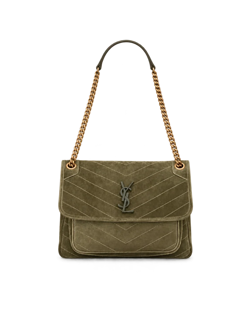 Olive Chevron Chain Flap Bag — upright front view